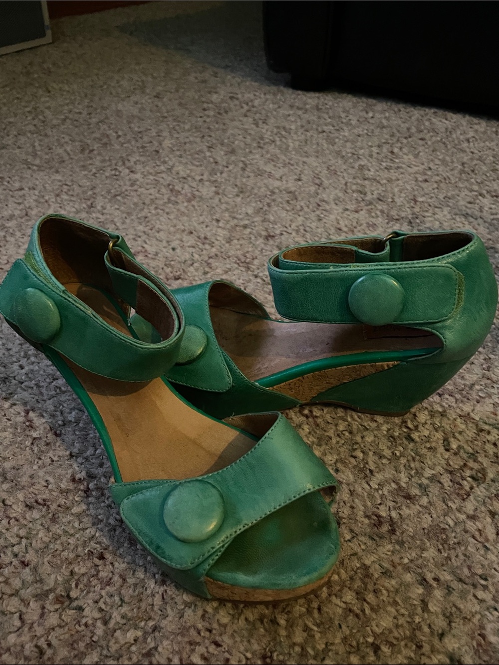 Miz mooz green leather wedge sandal with button accent and velcro ankle strap